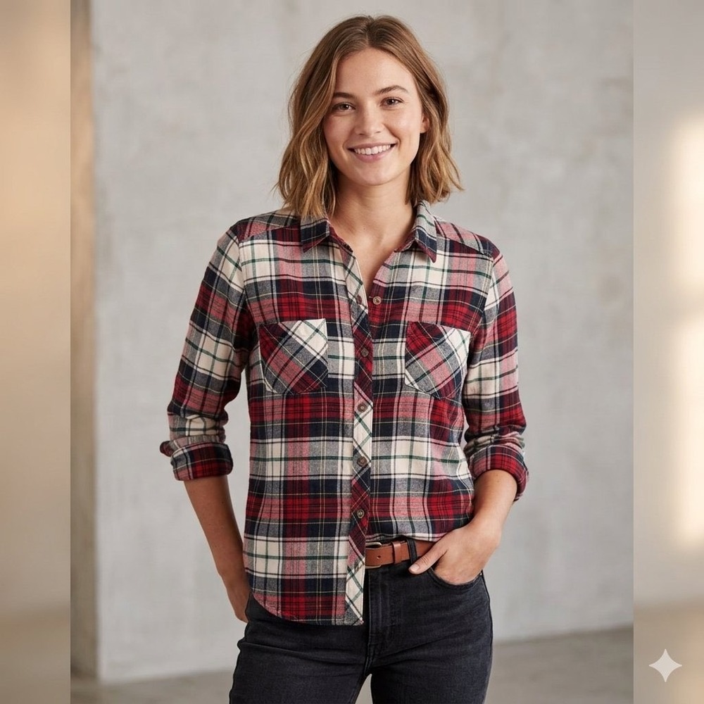 Abercrombie Fitch Womens L Plaid Flannel Shirt Button Down Long Sleeve Red Black